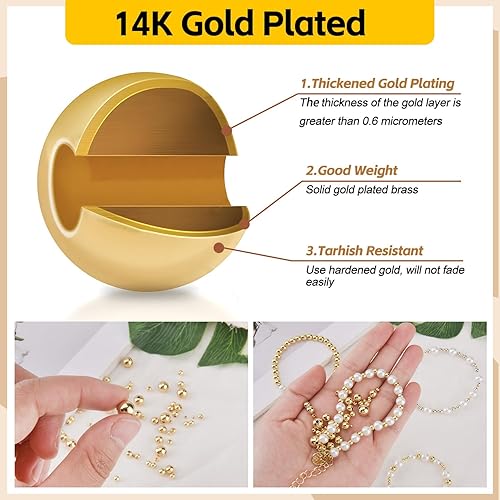Miniatura 6 de 100 cuentas espaciadoras de oro de 14 quilates, cuentas sueltas redondas de 0.079 pulgadas para la fabricación de joyas, pequeñas cuentas lisas sin