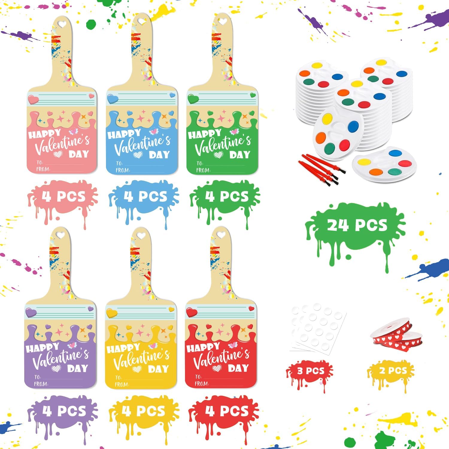 24 Pcs Valentines Day Gifts for Kids Class, Classroom Exchange Cards Mini Watercolor Paint Set, Preschool Art Party Favors, Watercolor Palette School Party Supplies