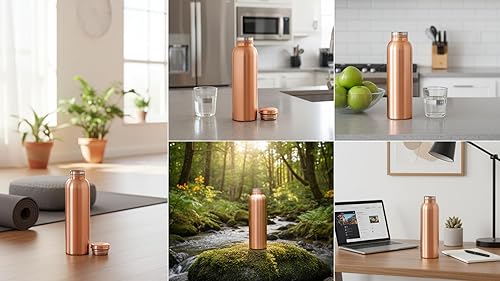 Miniatura 6 de Botella de agua moderna de cobre sólido con acabado mate de 1 litro, botella ligera y resistente a fugas con boca ancha, recipiente de hidratación