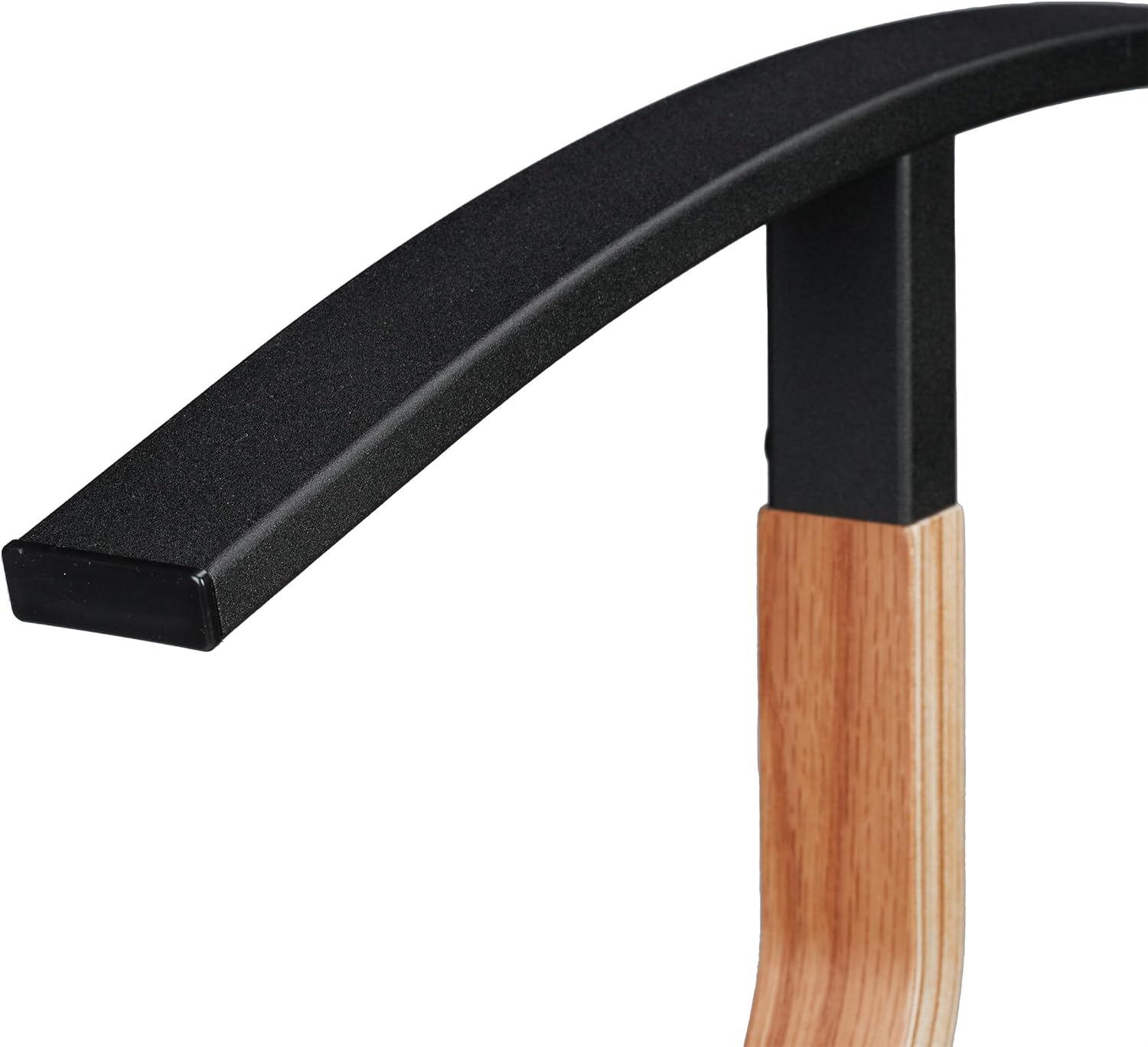 Close-up of the curved jacket hanger component of the valet stand