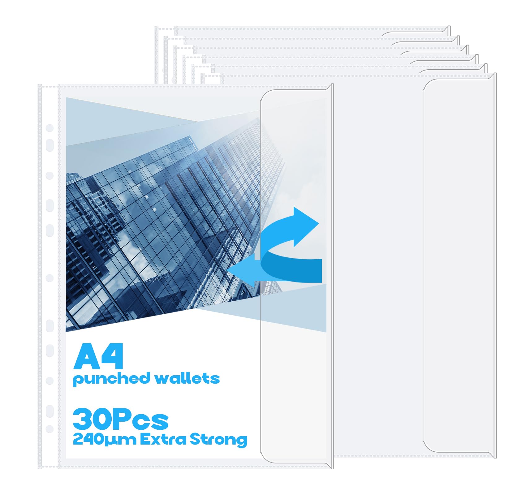 30 buste trasparenti A4 perforate con aletta, in plastica resistente, apertura laterale da 240 micron, 11 fori, protezioni per fogli per raccoglitori ad anelli a 2/3/4 anelli, documenti, cartelle di