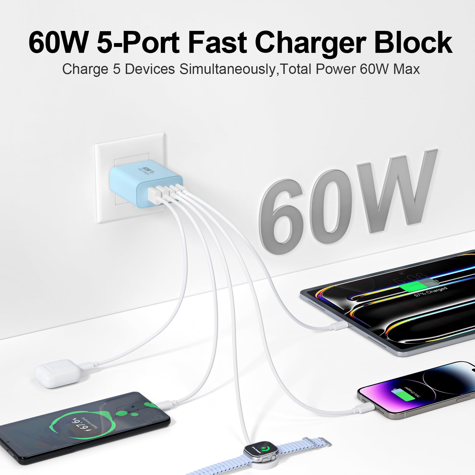 Bloc de charge rapide USB C, 60 W, 5 ports de type C, charge rapide (bleu)