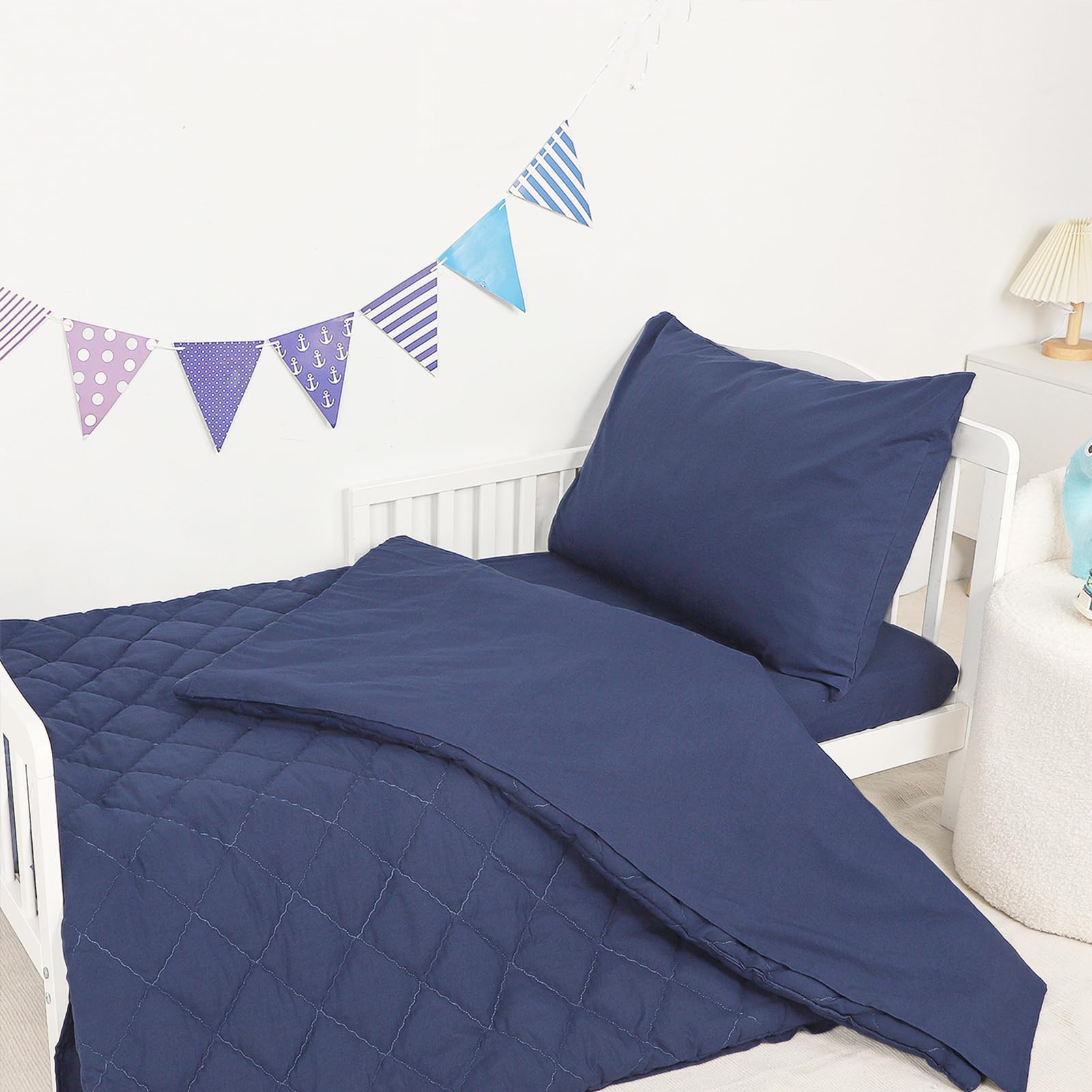 Toddler Bedding Set for Boys, 4 Piece Toddler Boy Bedding Set, Super Soft & Lightweight Toddler Comforter Set Includes Comforter, Flat Sheet, Fitted Sheet, Pillowcase (Blue)