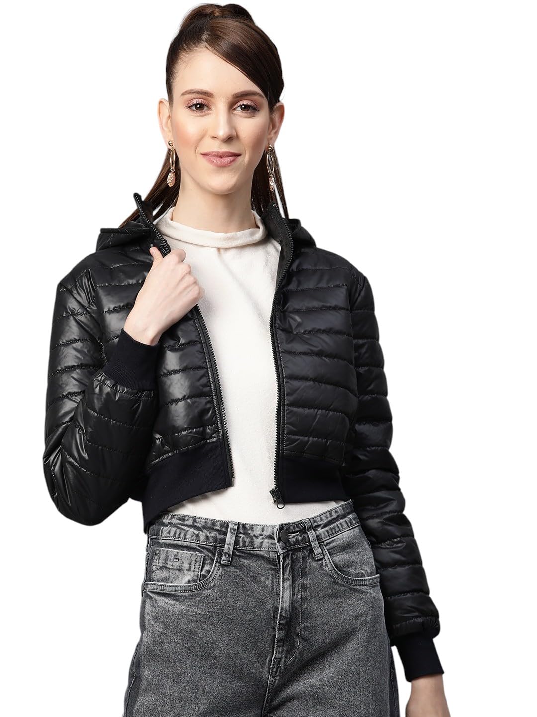 SASSAFRAS Women Hooded Crop Bomber Puffer Jacket SASSAFRAS Women Hooded Crop Bomber Puffer Jacket