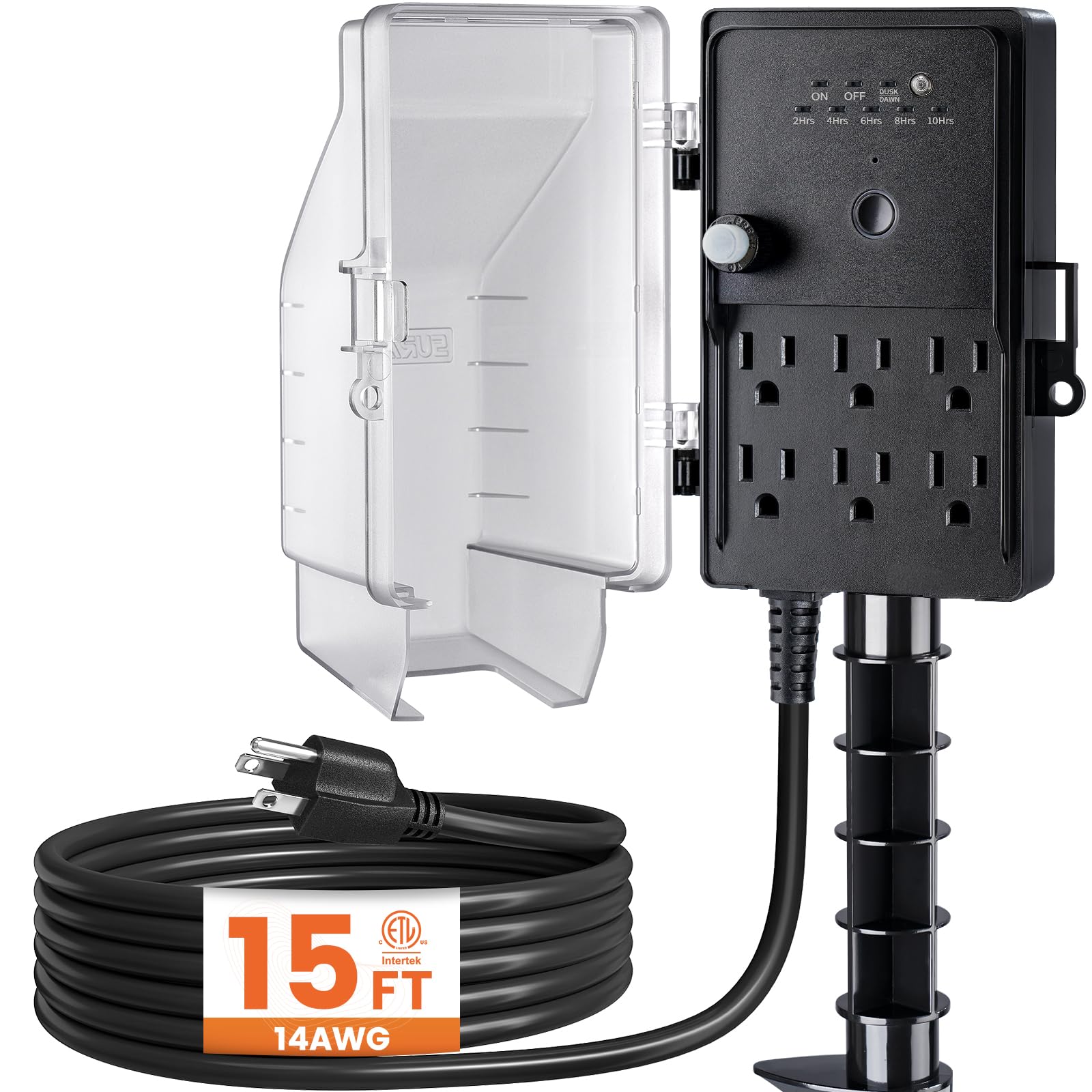 SURAIELEC Outdoor Power Stake, Dusk to Dawn Light Timer, 15FT Extension Cord Multiple Outlet; 6 Electrical Outlet Power Strip Weatherproof, for Patio Lights, Garden, Christmas Decorations, ETL Listed