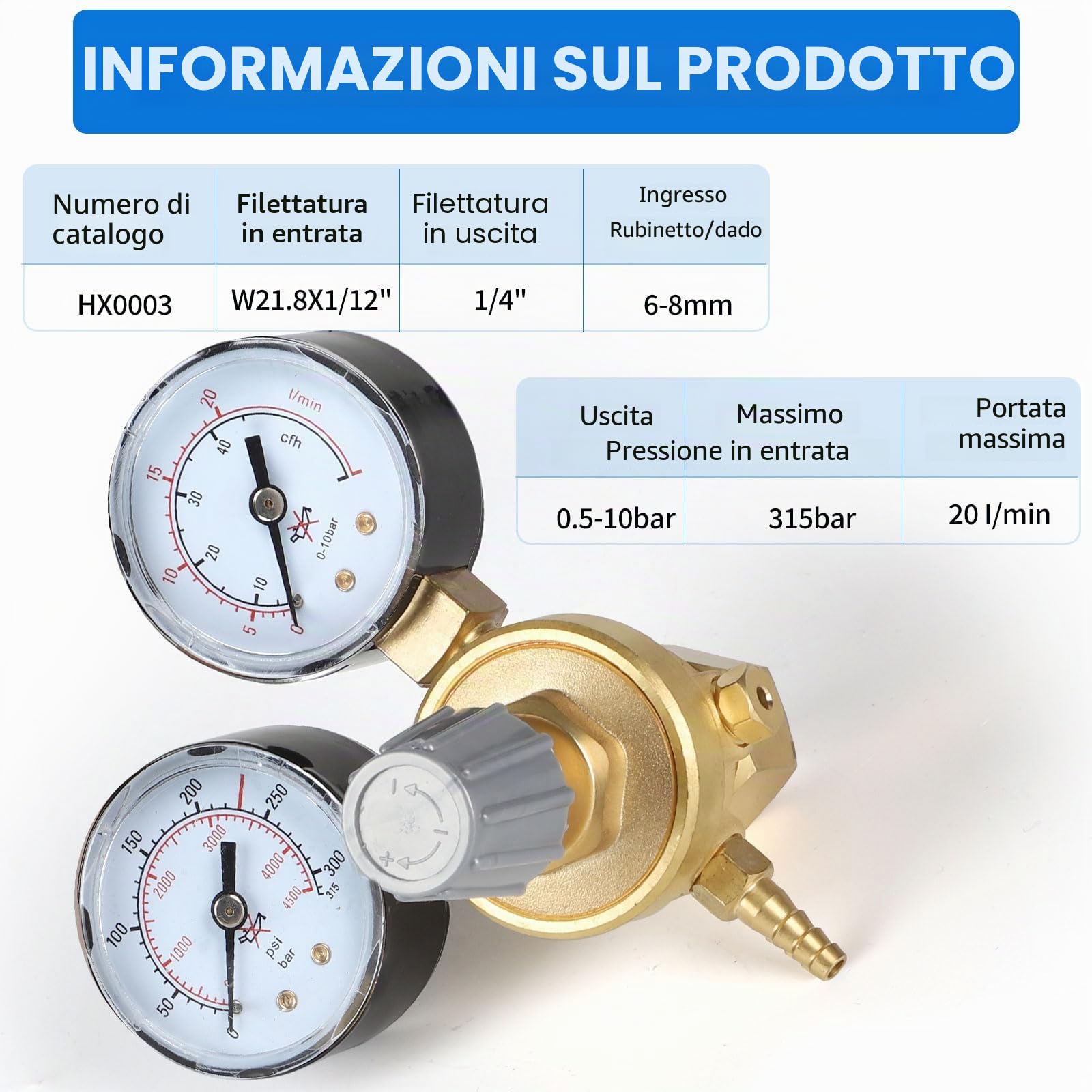 SWAWIS Regolatore di Pressione Argon/CO2 per Gas Protettivo MIG MAG WIG TIG Saldatura 315 Bar Attacco W21,8 x 1/14" Regolatore