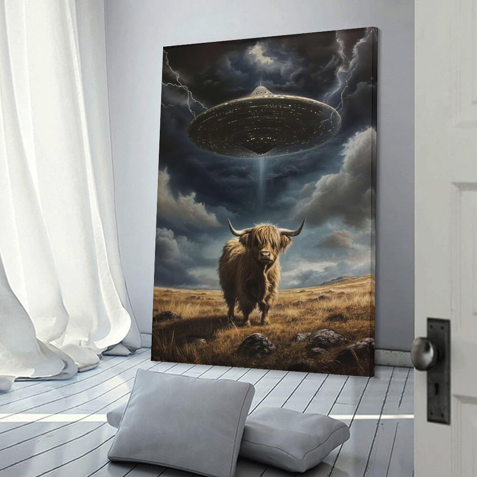 Junmoney Frame-Style-12-1 Highland Cow Ufo Abduction Decorative Canvas Print, 20X30inch(50X75cm), For Contemporary Homes, Apartments Or Offices, Home Artwork For Modern Interiors