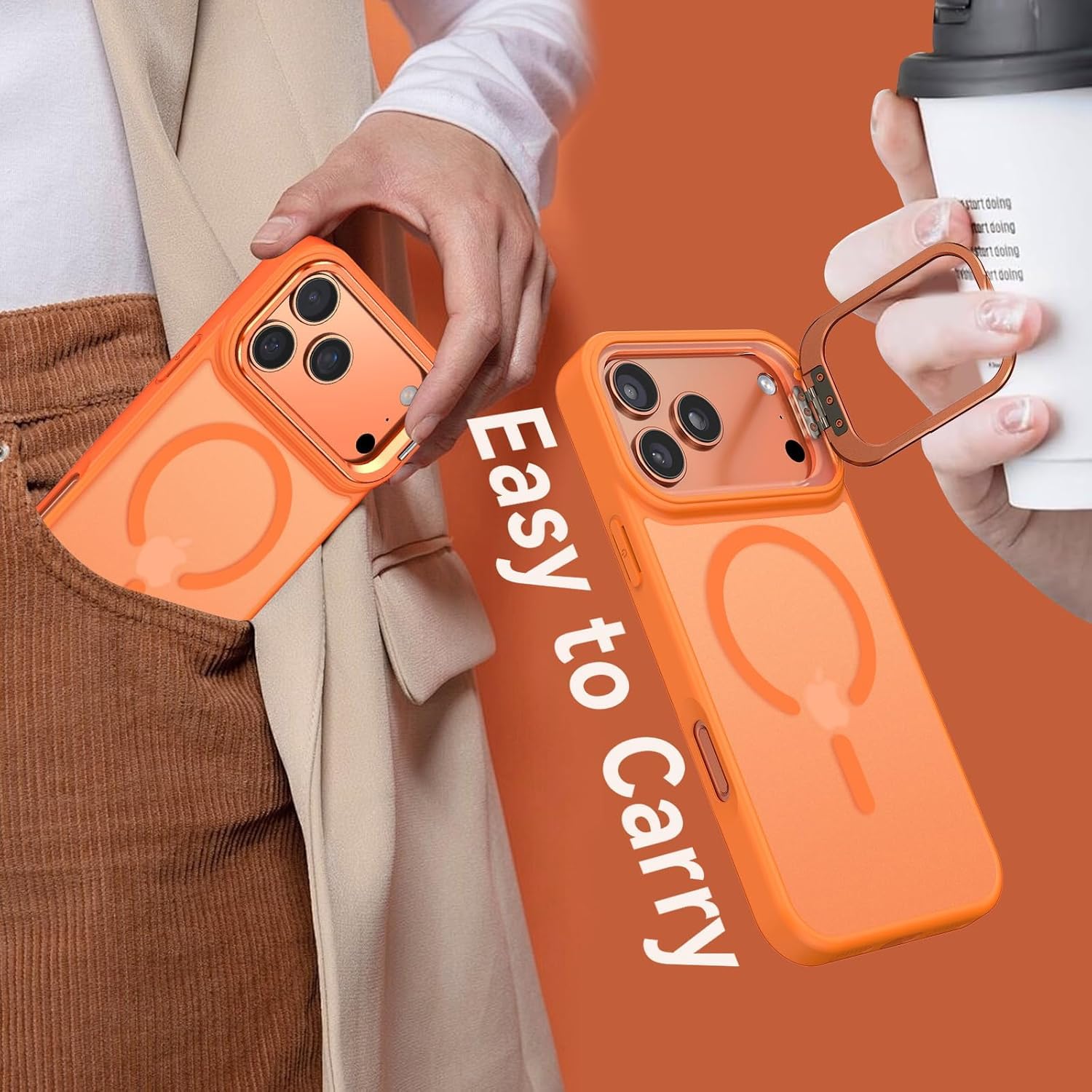 Elzzi Kickstand Case for iPhone 18 Pro Max/iPhone 17 Pro Max Case MagSafe Compatible, Builtin Adjustable Camera Stand, Translucent Matte AntiFingerprint Heavy Duty Shockproof Cover, Cosmic Orange — Amazon image 4