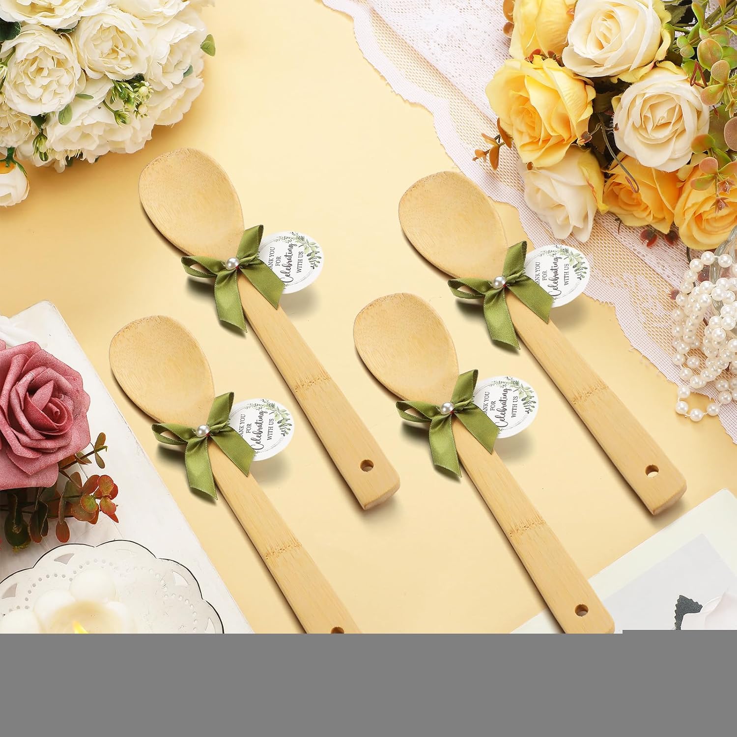 36 Set Bridal Shower Party Favors Bamboo Wooden Spoons with Bow and Tags Kitchen Utensils Wedding Favors Gift for Bridal Shower Prizes Guests Party Table Decoration(Leaves,Green Ribbon)