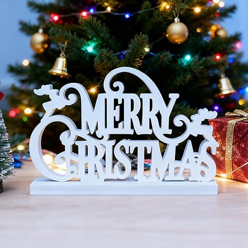 Merry Christmas Sign Table Decoration, Farmhouse Standing Centerpieces Wooden Blocks