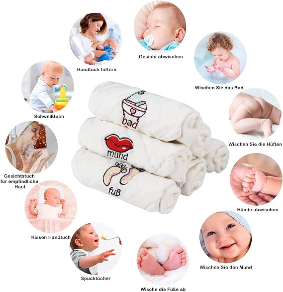Baby Muslin Wash Cloth 6 Layers 100% Cotton Absorbent Washable Bath Towel Newborn Soft Face Wipes for Sensitive Skin Towels 30 x 30 cm
