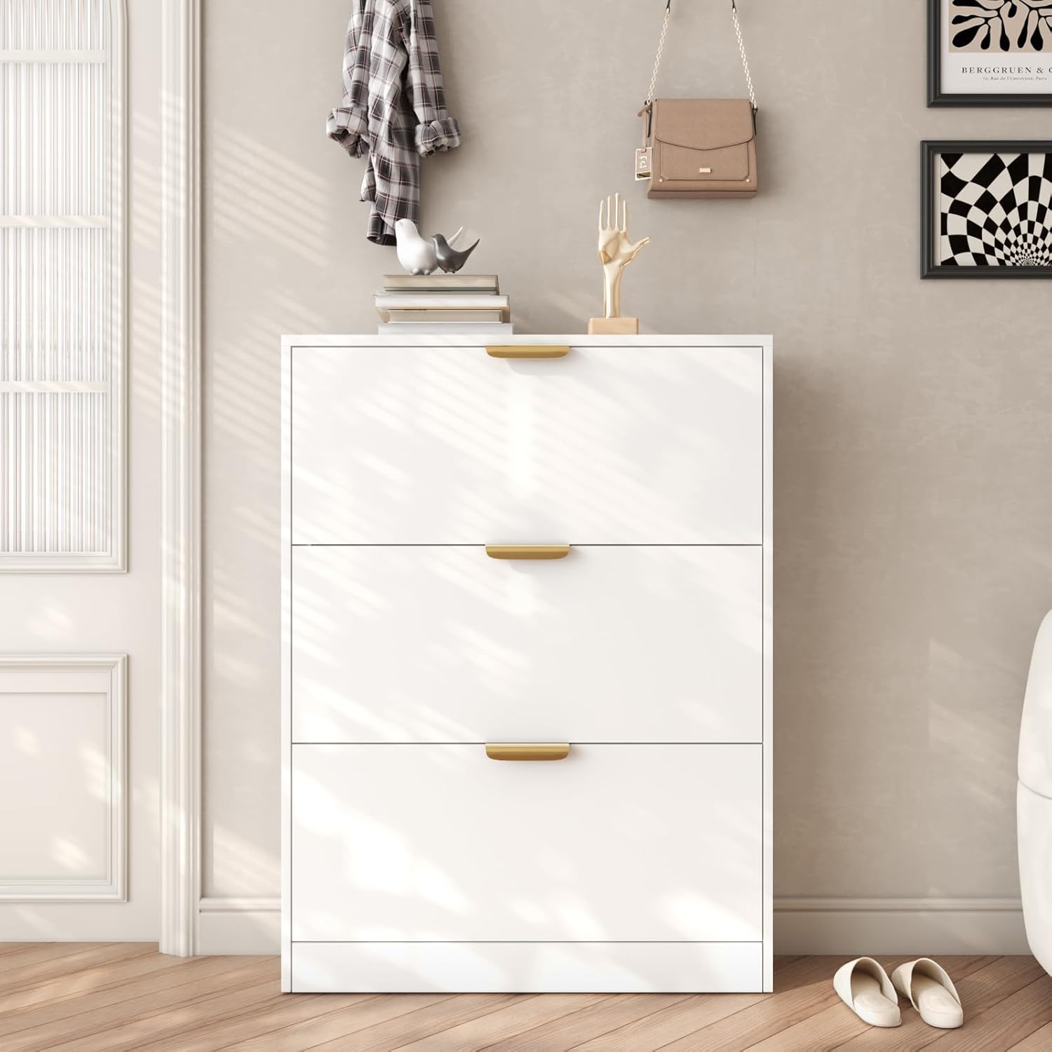 VOWNER Shoe Rack Cabinet with 3 Flip Drawers, Narrow Shoe Storage Cabinet with Adjustable Shelf, Freestanding Shoe Organizer for Entryway, Hallway, White