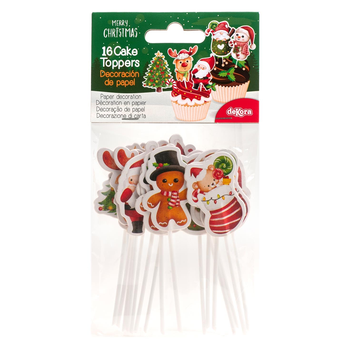 dekora - Christmas Cake Picks in 8 Designs - Christmas Baking Decoration for Cupcakes, Muffins, Cakes and other Sweet Treats - Food-Safe Christmas Bakery Decoration - 16 Pieces