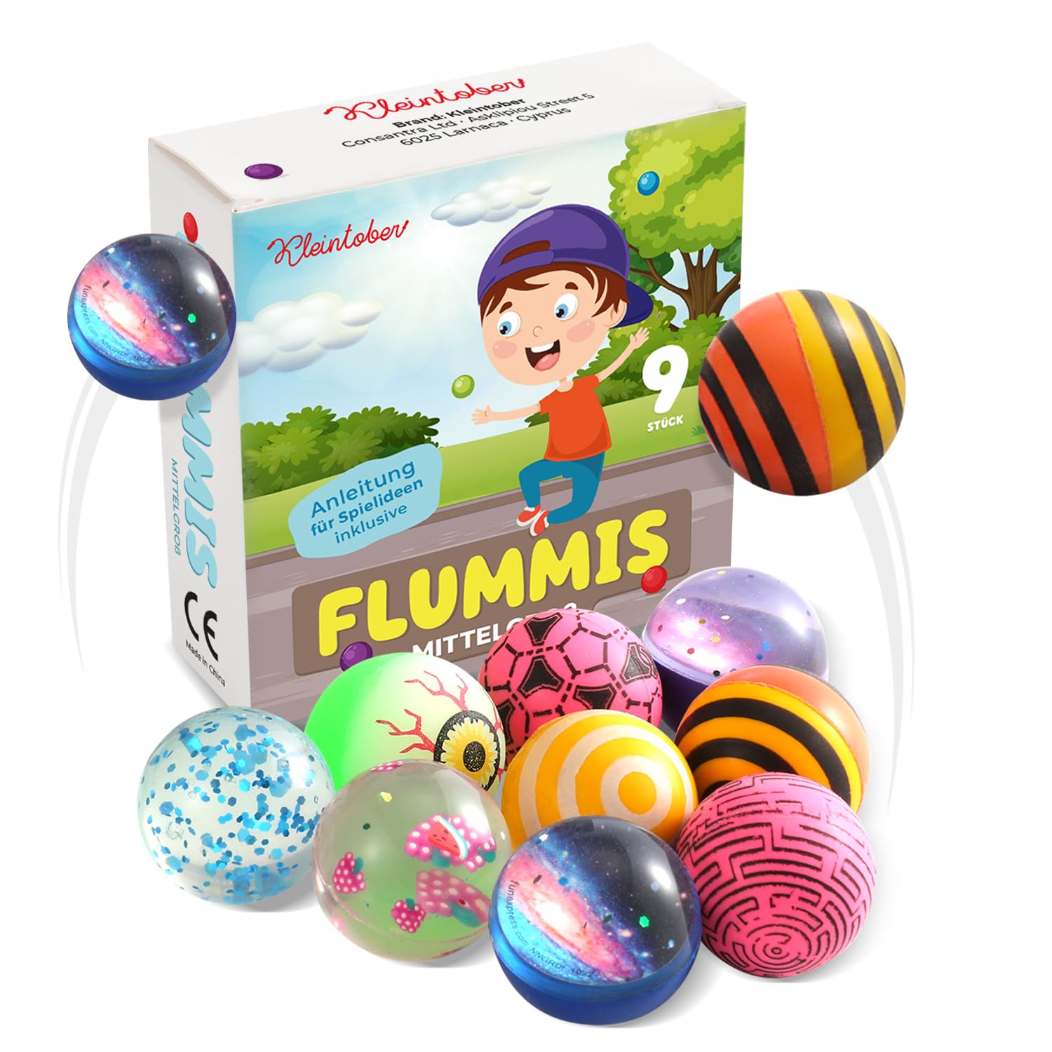 Kleintober Zestaw premium Flummi I z pomysłami na gry, duża 35 mm, upominek na urodziny dziecka, piłka Jump Ball I Flummies dla dzieci I Springball I urodziny dziecka prezent dla gości