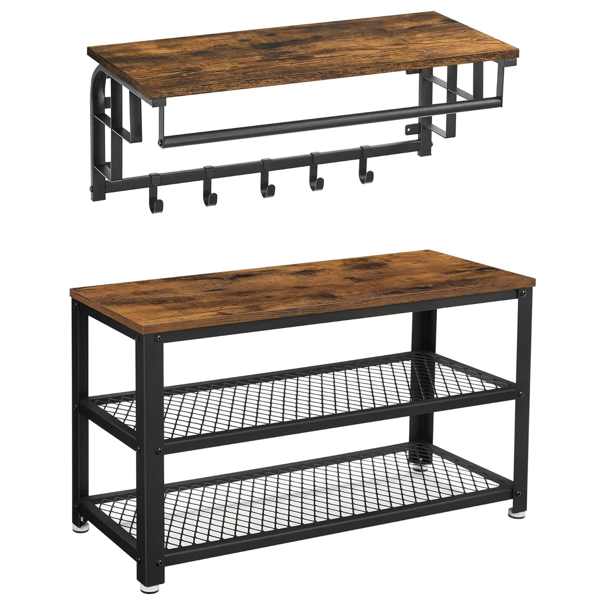 VASAGLE Wandgarderobe, Schuhbank, 5 Haken, Schuhregal mit 3 Ebenen
