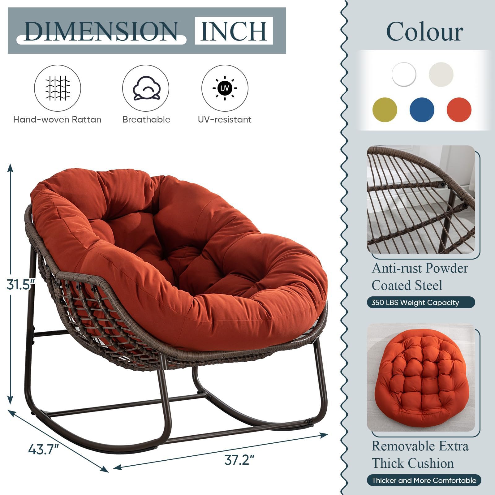 Sedia a dondolo da veranda per uso interno ed esterno - Reclinabile in rattan a 30° con cuscino imbottito,Carico massimo 250 libbre (117 kg) - Ideale per patio,giardino e soggiorno,Orange