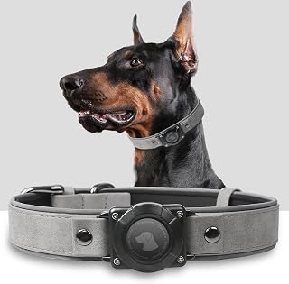 AirTag hundhalsband – hundhalsband i läder med luftetikettshållare | IPX8 vattentät, reflekterande, hög – , justerbar mjuk vadderad | GPS-spårare för hundar för medelstora hundar (grå, M)
