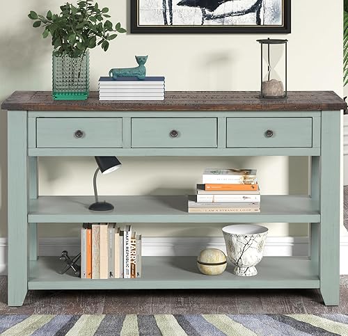 Mesa consola de madera maciza de 48 pulgadas, mueble de almacenamiento con 3 cajones y 2 estantes para entrada, pasillo, sala de estar (verde)