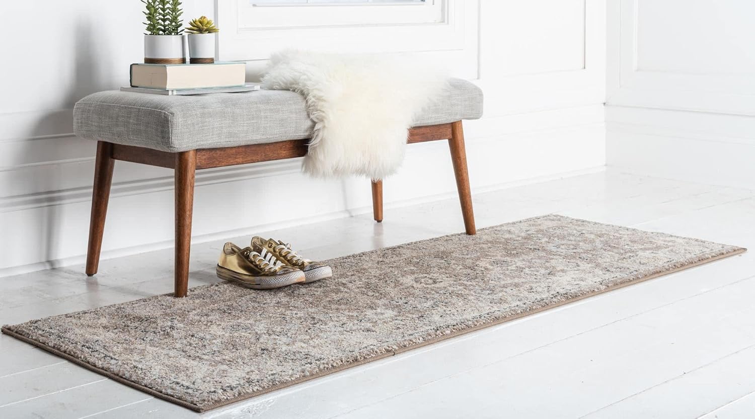 Rugs.com Madeline Collection Rug – 6 Ft Runner Beige Brown Medium Rug Perfect for Hallways, Entryways