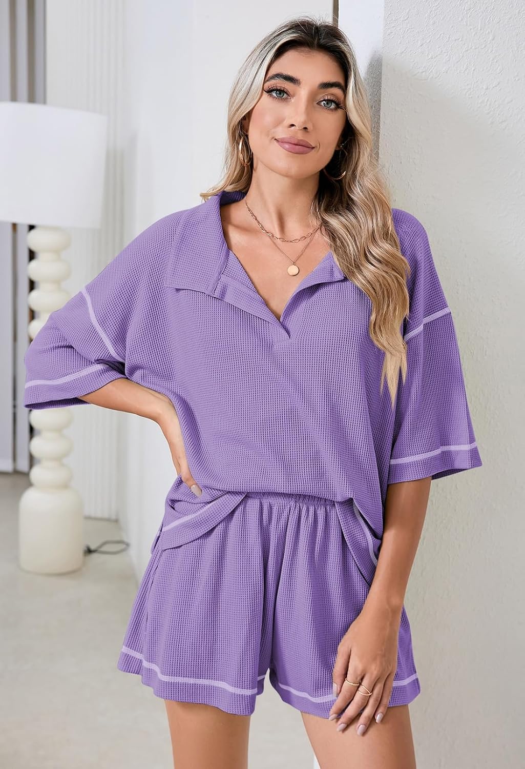 Pink Queen Womens 2 Piece Pajama Sets Short Sleeve Tops Lounge Sets Casual 2 Piece Outfits Summer Short Sets Loungewear - Image 2