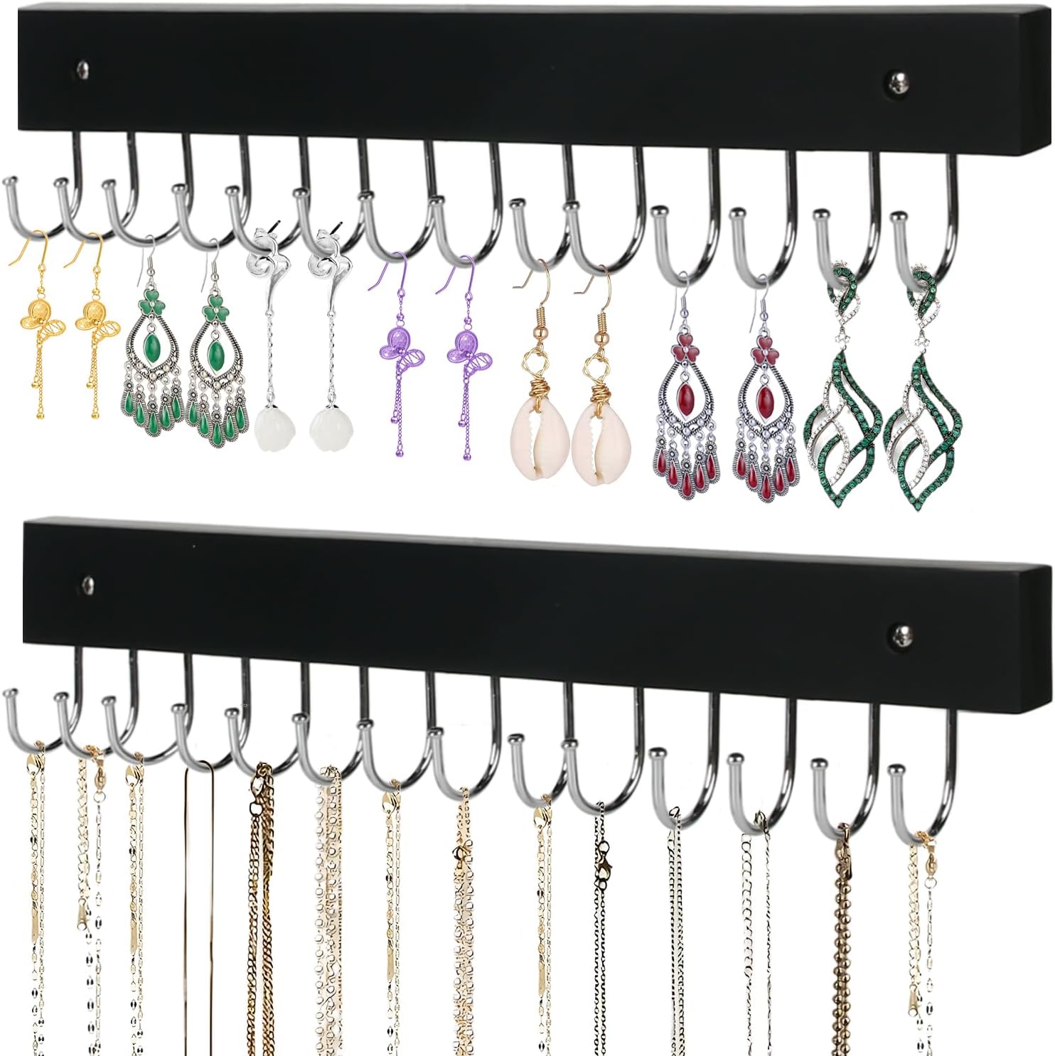 2-Pack Necklace Holder Wall-Mounted Wooden Jewelry Organizer with 28 Hooks