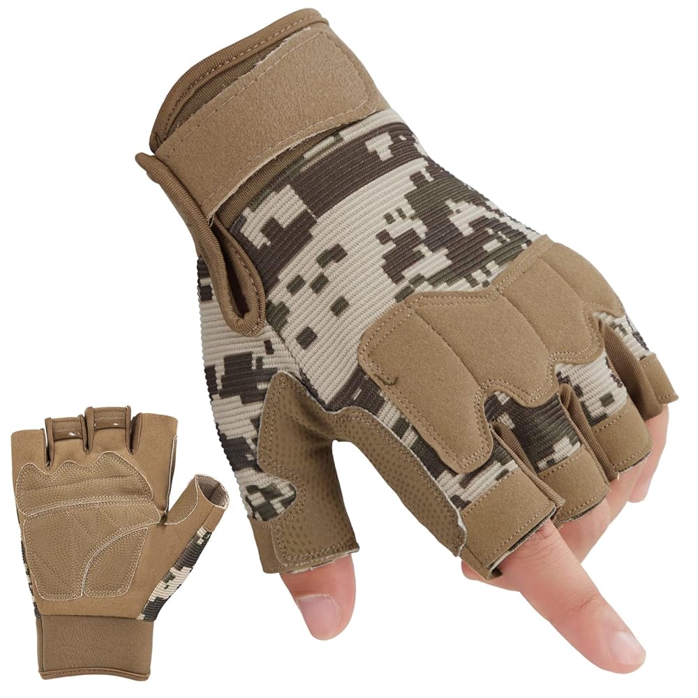 FIORETTO Fingerless Gloves for Airsoft Shooting Half Finger Hunting Hiking Cycling Driving Motorcycle Climbing Work Gloves Yellow Camo Medium