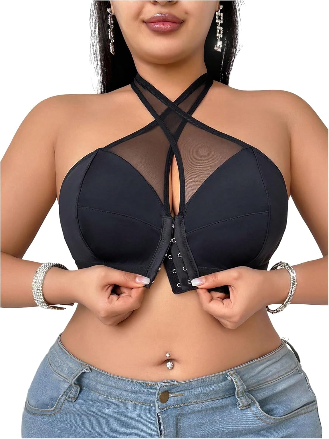 SOLY HUX Plus Size Bras for Women Front Closure Halter Criss Cross Mesh Wireless Bra Comfort Everyday Bralette