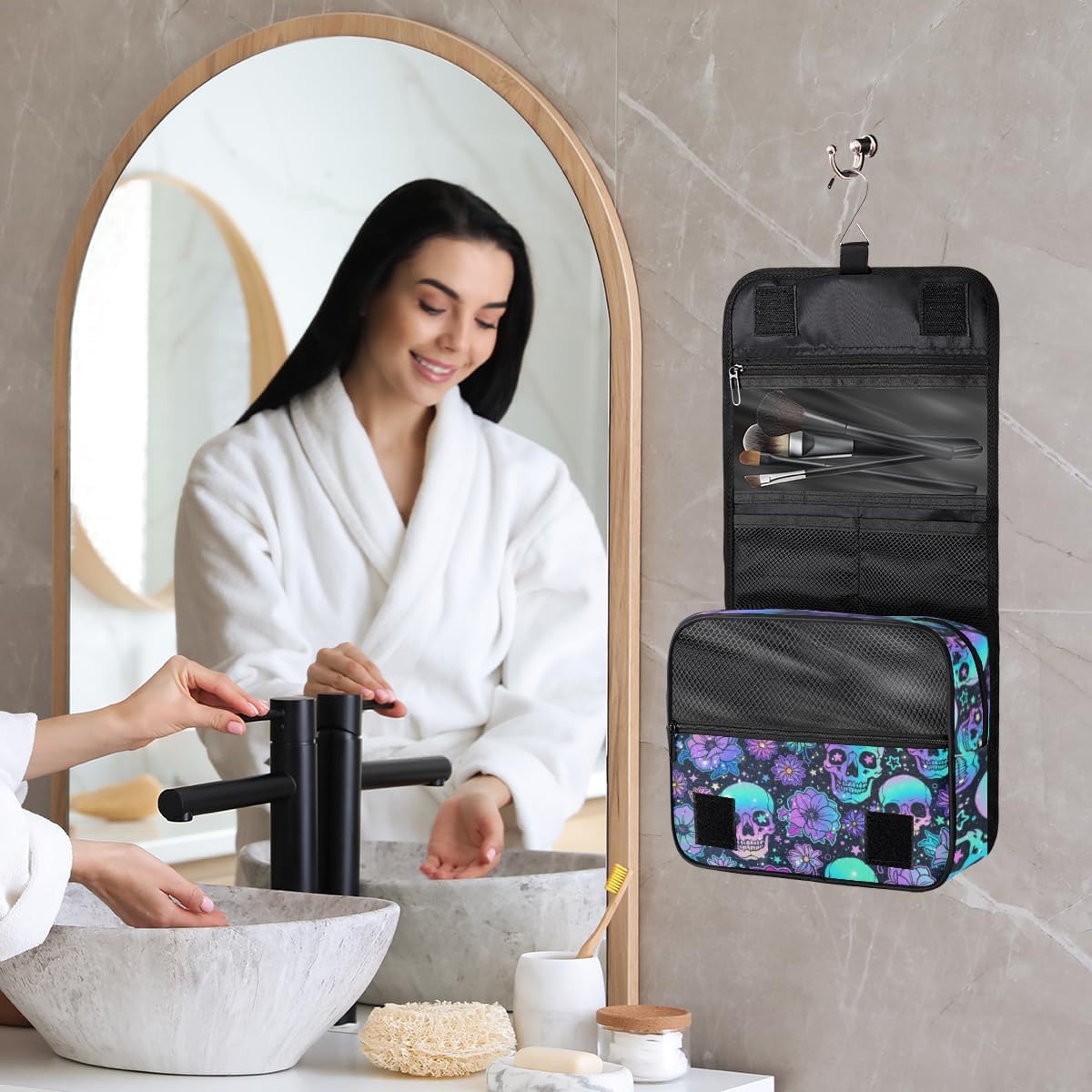 Travel Hanging Toiletry Bag for Women kids, Galaxy Skull Flower Cosmetic Bag Waterproof Makeup Organizer for weekend overnight Bathroom