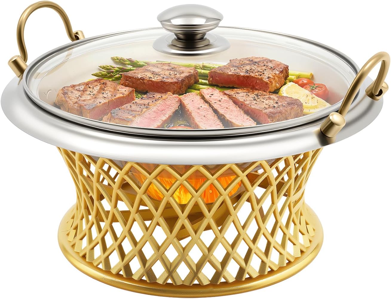 Buffet Chafing Dish, Round Stainless Steel Chafing Dish with Glass Lid, Portable Food Warmer for Parties Banquets Events Dinner (Gold)