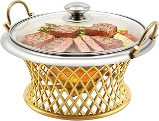 Buffet Chafing Dish, Stainless Steel Round Gold Food Warmers Tabletop Buffet Server with Glass Lid for Catering, Party, Wedding