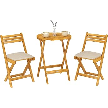 Outsunny Balcony Furniture Set 3-Piece FSC Acacia Wood Folding Garden Furniture Set with Round Table 2 Chairs Seat Cushion Br