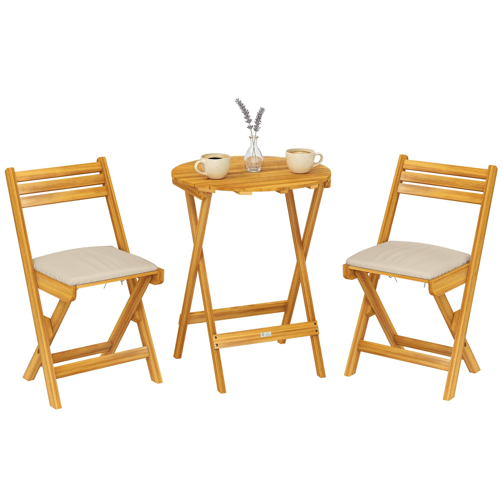 Outsunny Set da Bistrò da 3 Pezzi Pieghevole in Legno di Acacia, Set da Giardino con 2 Sedie, Tavolino, 2 Cuscini, Schienale a Doghe, Set di Mobili da Giardino per Patio Balcone Terrazzo, Color Legno