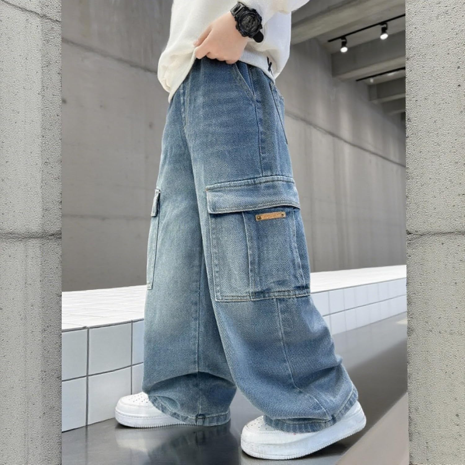 Girl's Baggy Jeans Print Wide Leg Denim Pants Athletic Cargo Pants Streetwear 7 to 14Y