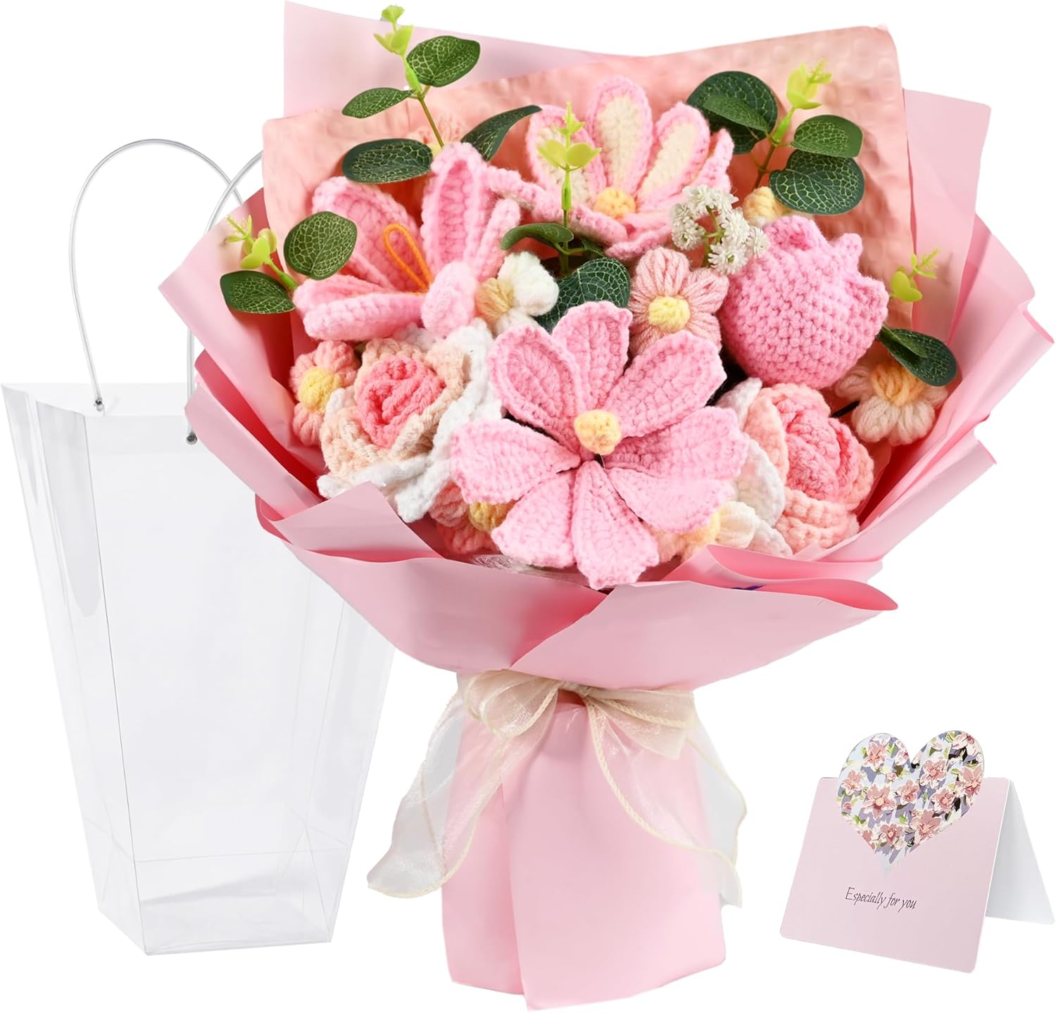 Handmade Crochet Flower Bouquet, Preserved Forever Knitted Yarn Flowers with Gift Bag & Card, Artificial Rose Daisy, Teacher Appreciation Gifts for Women, Mother's Day Birthday Pink