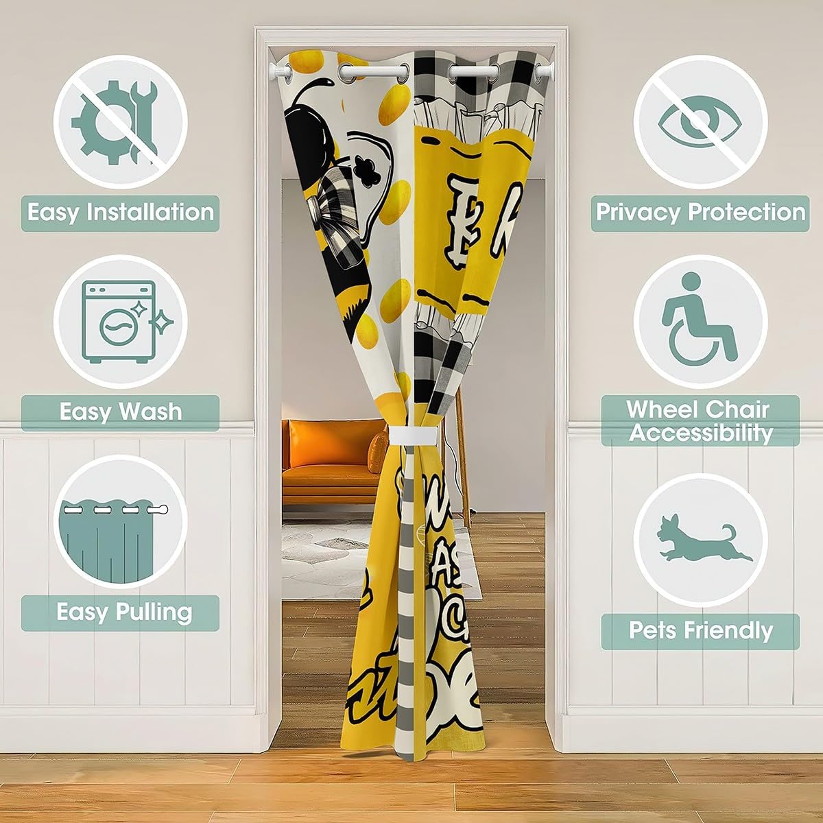Honey Bee Door Cover Curtain, Cartoon Garden Animal Cute Bow Doorway Curtain for Living Room Decor, Yellow Beige Geometric Plaids Polka Dots Patchwork 80"×52" Door Drape for Kids Adults