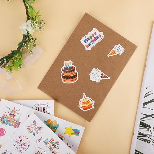 Miniatura 6 de 6 hojas de calcomanías de feliz cumpleaños, variedad de estilos, lindas calcomanías adhesivas para fiestas de cumpleaños, decoraciones de