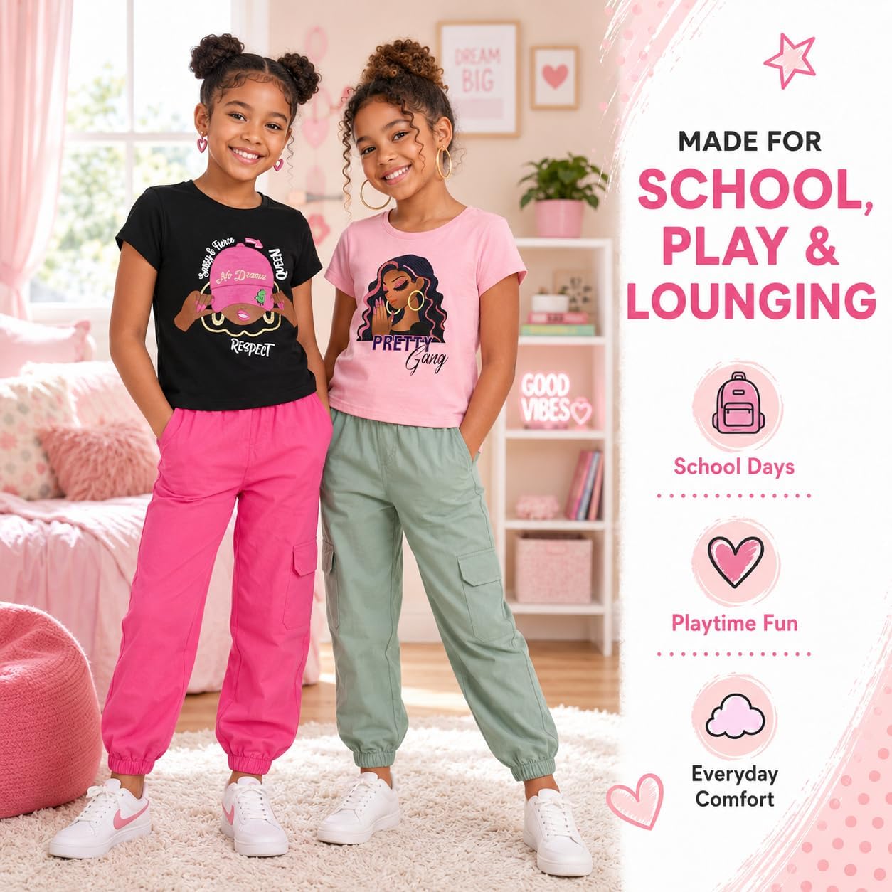 Girls 4 Pack Jogger Pants Set, Glitter and Foil Graphic Sweatpants, Soft Fleece Lounge Pants