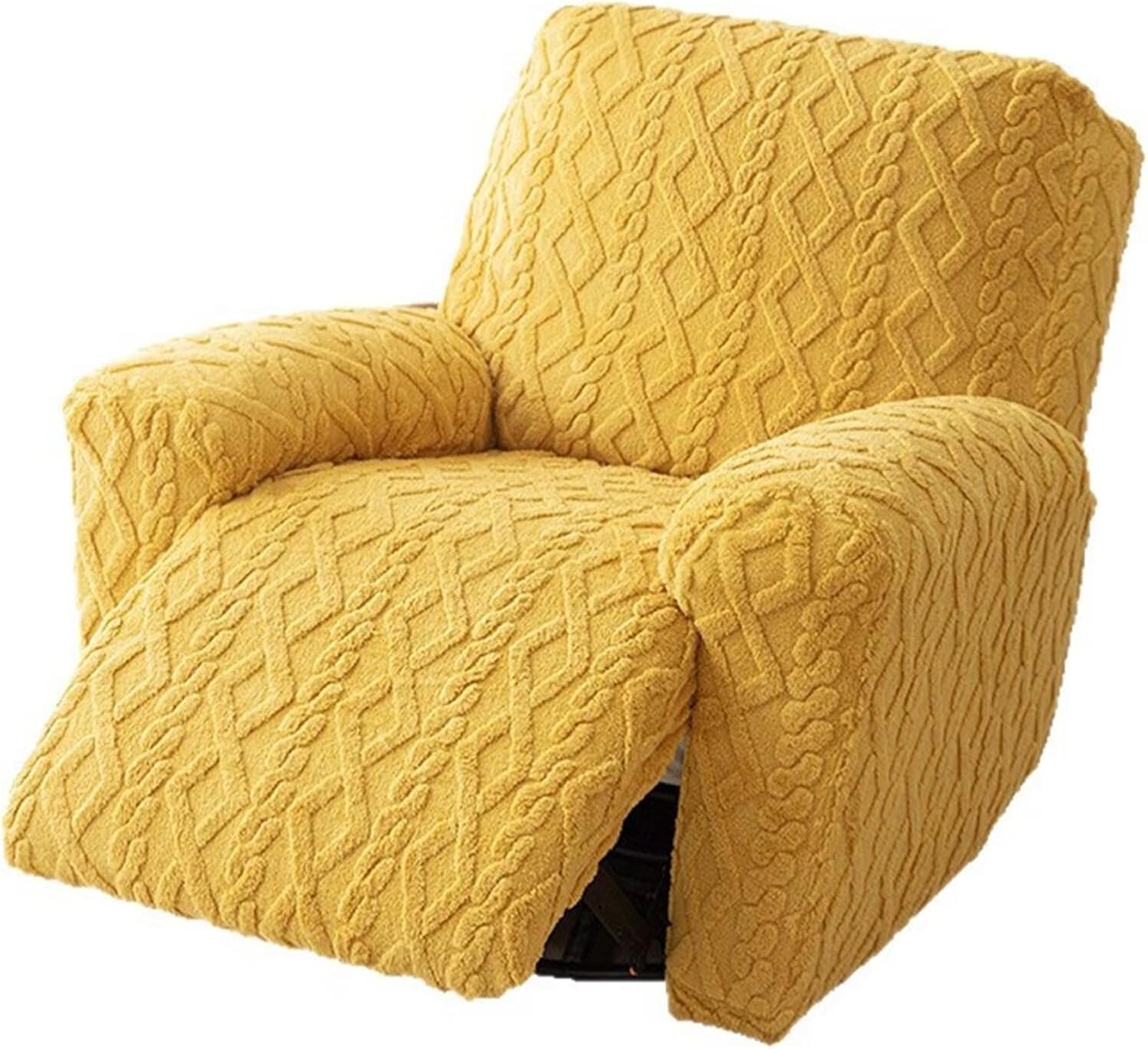 Recliner Chair Covers 4-Pieces, Soft Stretchable Slipcovers with Elastic Straps, Oversized Plush Furniture Protector, Yellow, Storage Pocket on Arm Cover