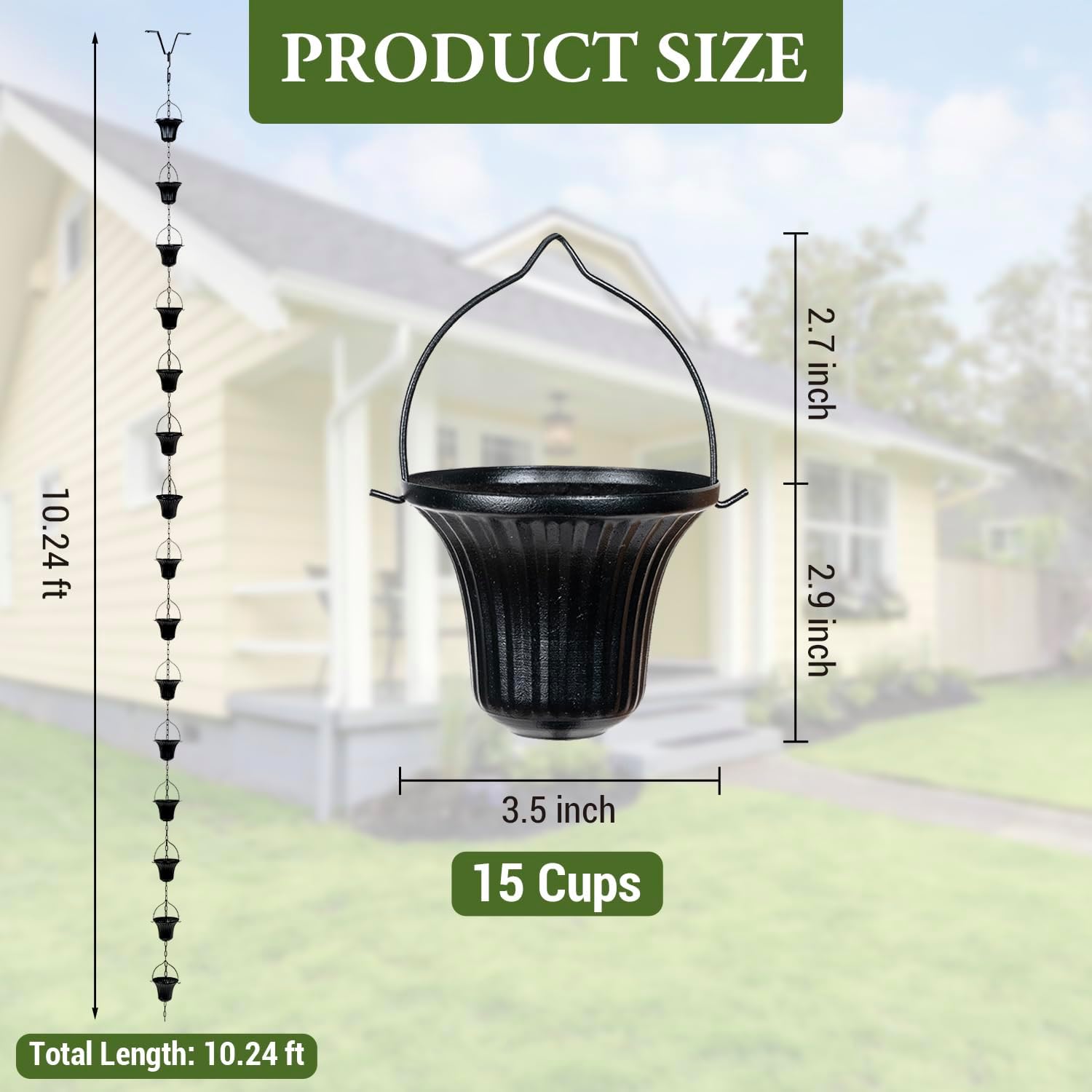 MyGift 10 ft Decorative Rain Chains with 15 Ribbed Bell Cups and V-Hook, Black Metal Rainwater Downspout Replacement for Outside House Gutter Drain Spout