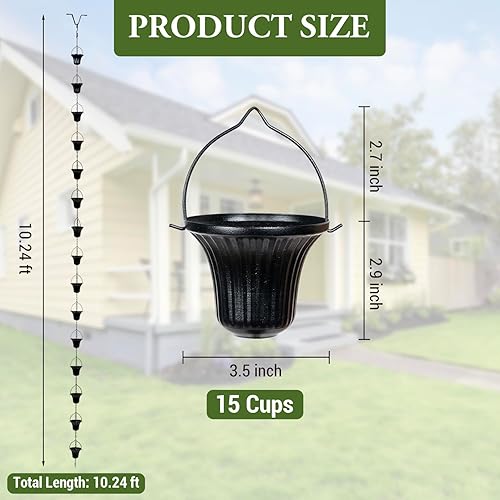 Miniatura 5 de MyGift Cadenas de lluvia decorativas de 10 pies con 15 copas de campana acanaladas y gancho en V, repuesto de metal negro para canalón de drenaje de