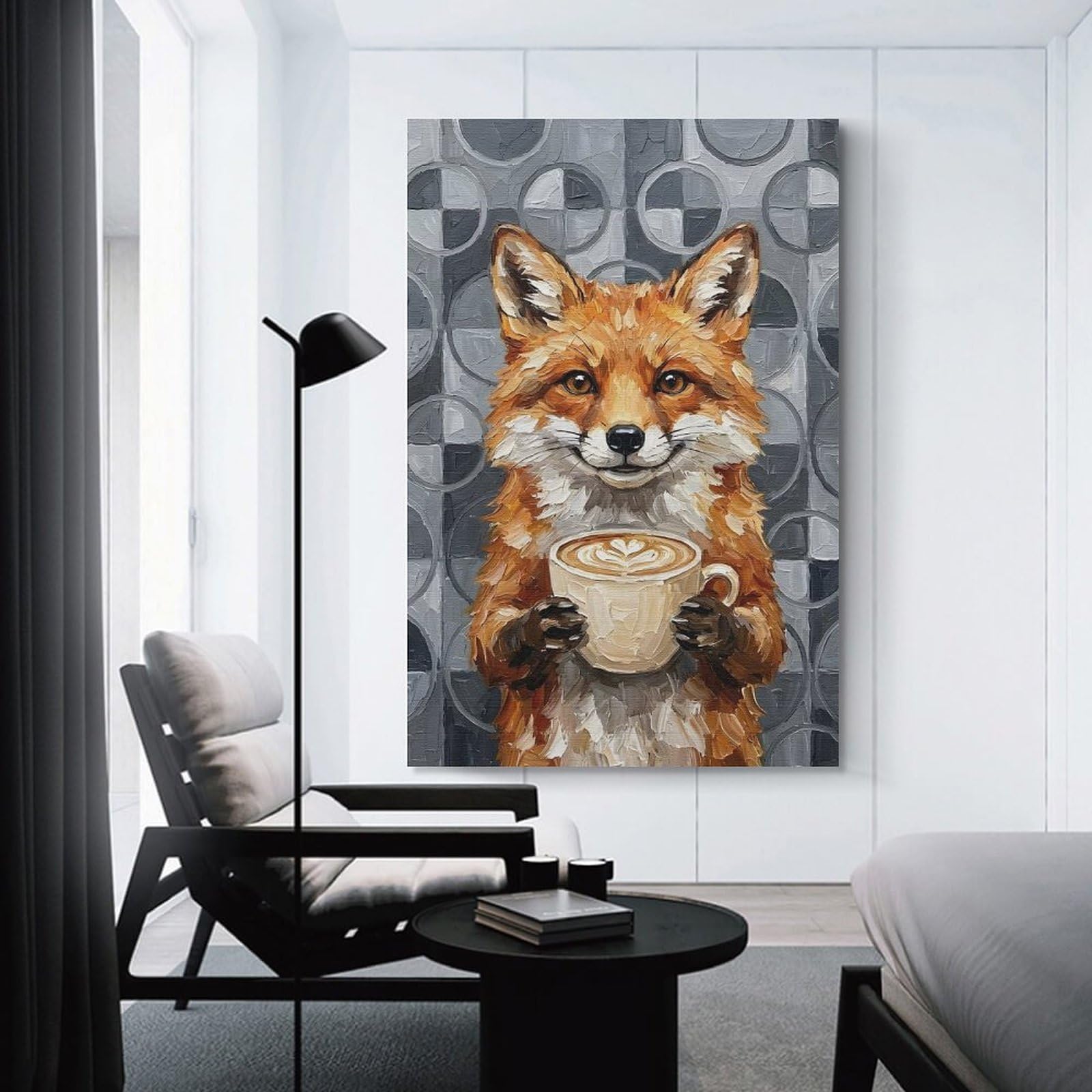 Junmoney Cute Fox with Coffee Painting Wall Art Print 16x24inch(40x60cm), for Gallery Wall Layouts in Home Or Office, An Easy Match for Collected Prints