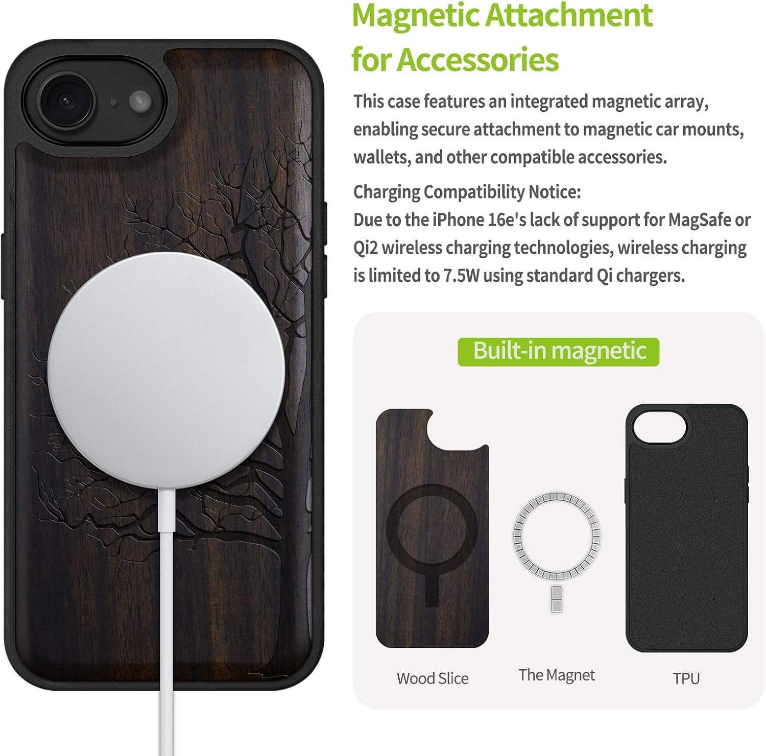 Carveit Magnetic Wooden Case for iPhone 16e / 17e, Solid Wood & TPU, Artisan Engraved Design, Shockproof Cover, Compatible with MagSafe Wireless Chargers, Eternal Tree - Blackwood