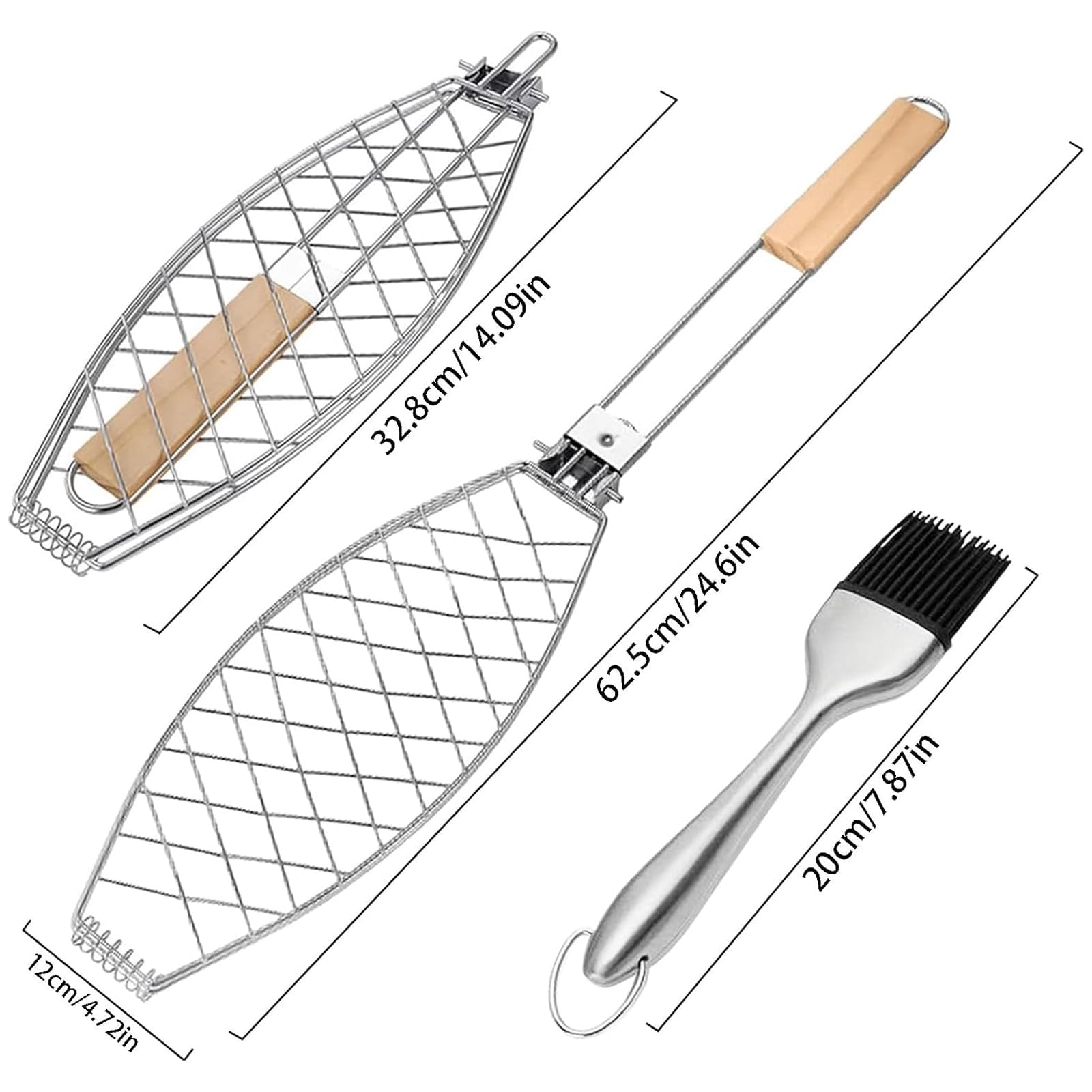 Inoxidable para Parrilla de Pescado, 63 * 12cm Parrilla Pescado Barbacoa de Acero, Cesta para Asar Pescado con Cepillo de Aceite, con Asa Extraíble, para Pescado, Filetes y Bistecs