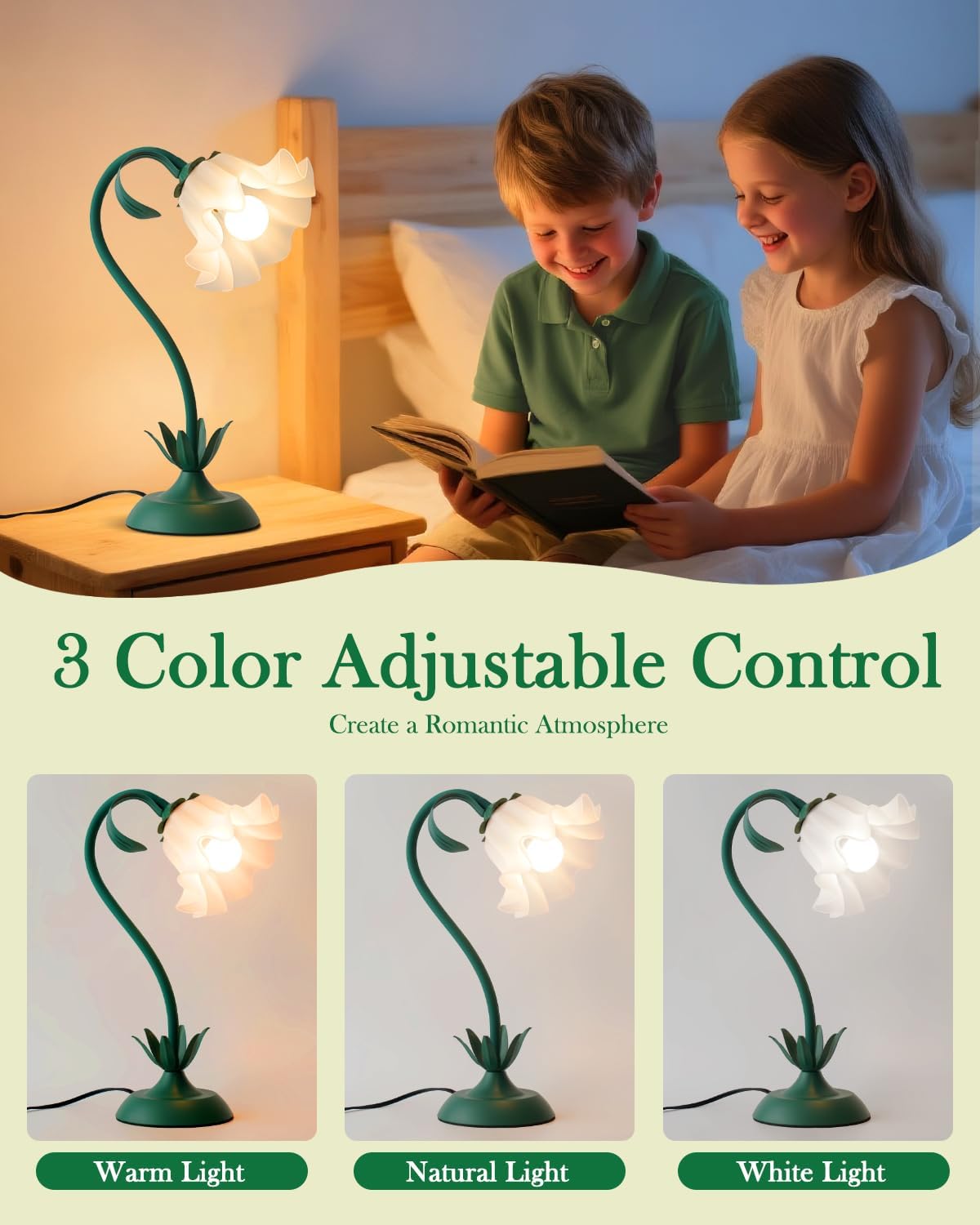 WERFOP Flower Table Lamp, Cute LED Reading Bedside Night Light, 3 Color Modes Vintage Desk Lamp, Kawaii Aesthetic Decor for Dorm Bedroom Living Room (Dark Green)