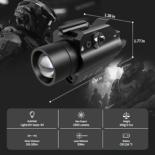 Miniatura 2 de Combo láser de luz de pistola, linterna táctica de 1500 lúmenes, láser verde y luz LED blanca para pistola montada en riel, luz compacta para armas