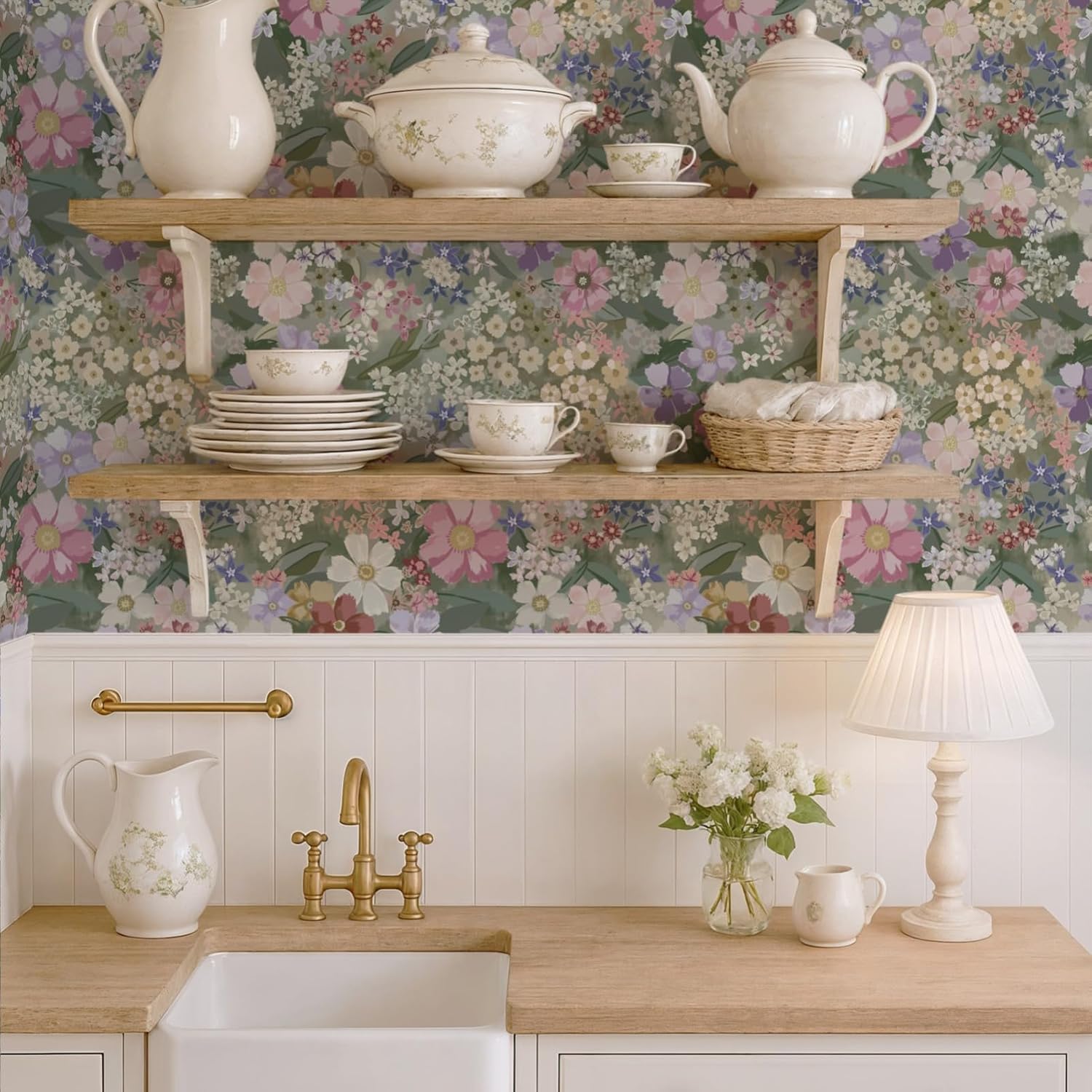 Ismoon Floral Peel and Stick Wallpaper Vintage Wallpaper 17.3in x 32.15ft Pink/Green Floral Wall Paper Boho Waterproof Removable Self-Adhesive Wall Paper for Nursery Bedroom Shlef Cabinet Décor