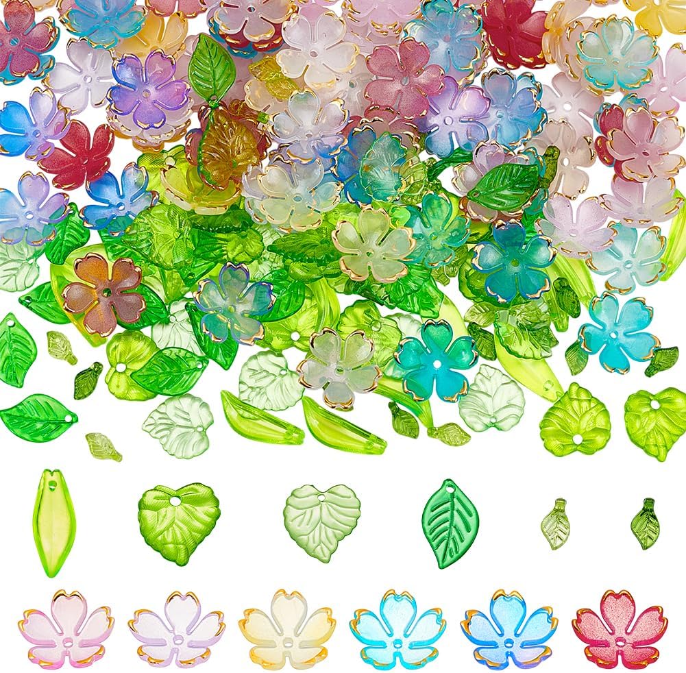 NBEADS 192 Pcs Acrylic Leaf Flower Beads, Mixed Color Jewelry Making Beads Flower Bead Caps Acrylic Beads Kit for Bracelet Necklace Jewelry Making, Hole: 1.2-2mm