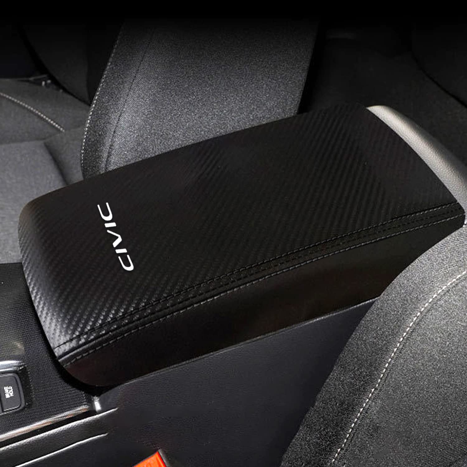 Horry Center Console Armrest Box Cover Panel Trim Waterproof Anti-Scratch Leather Protector Decoration Interior Accessories for Honda Civic 2022（Carbon Fiber Pattern）, Black + carbon