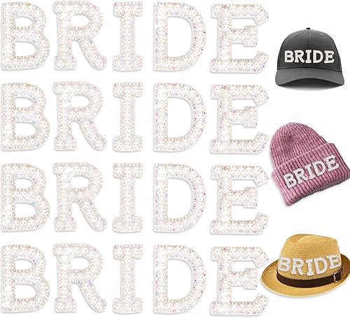 Parches de letras de perlas de novia, 4 juegos de parches de letras de novia para planchar con perlas artificiales, parches para coser con diamantes