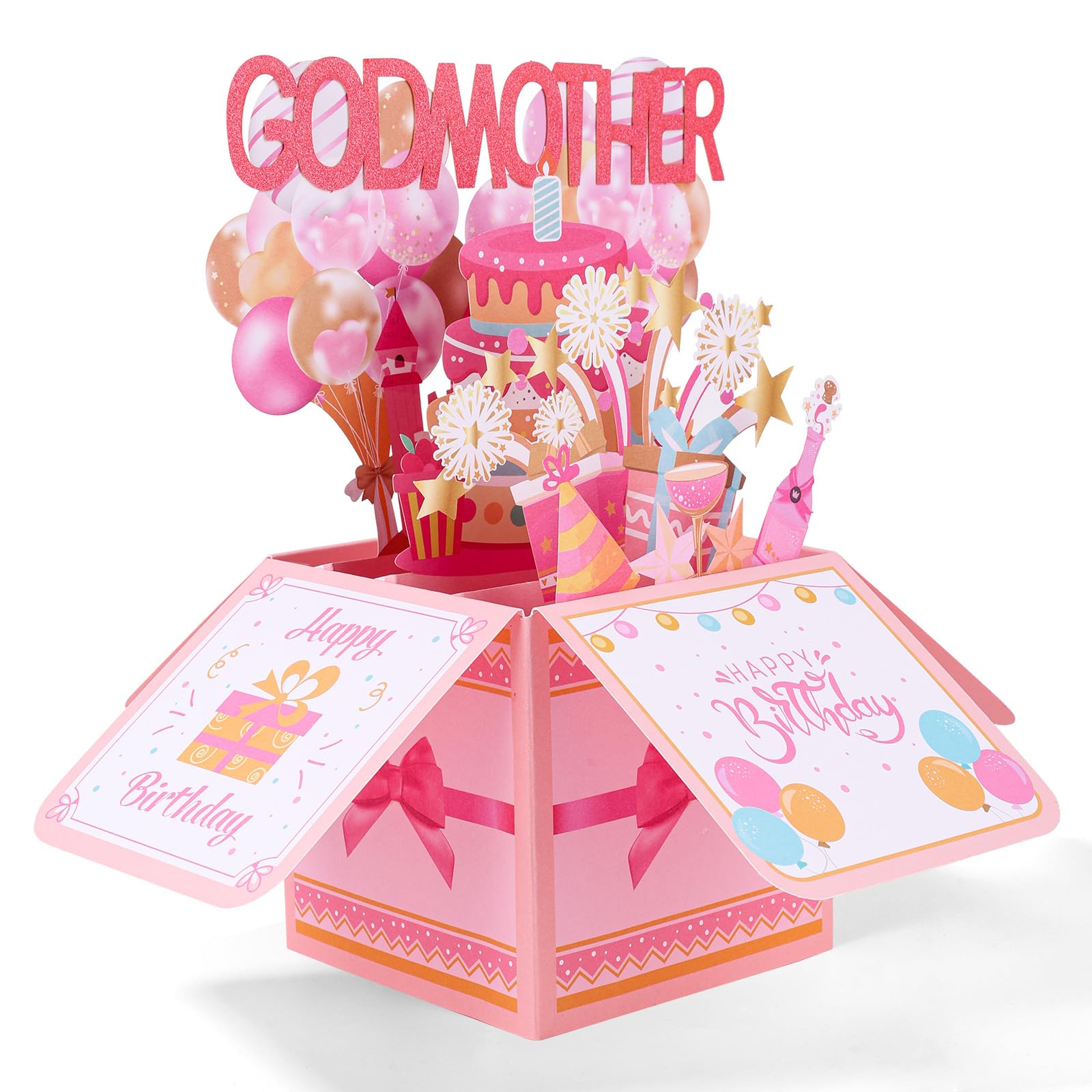 Happy Birthday Godmother Pop up Card, Dreamy Pink Foldable 3D Birthday Gift Box Balloon Exciting Firework Creative Pop up Gift Box with Envelope Greeting Card for Godmother